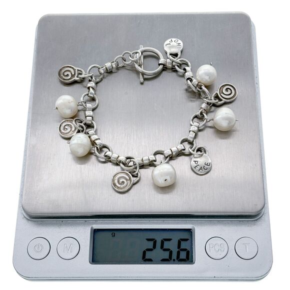 Vintage Sterling Silver 925 Pearls and Spiral Inspirational Charm Bracelet 7.25" - Picture 5 of 5